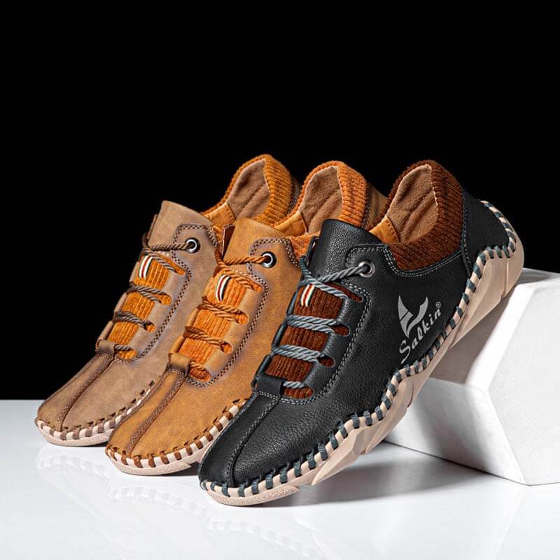 Zapatos de manejo de cuero casual sin cañón para hombres con costuras de mano