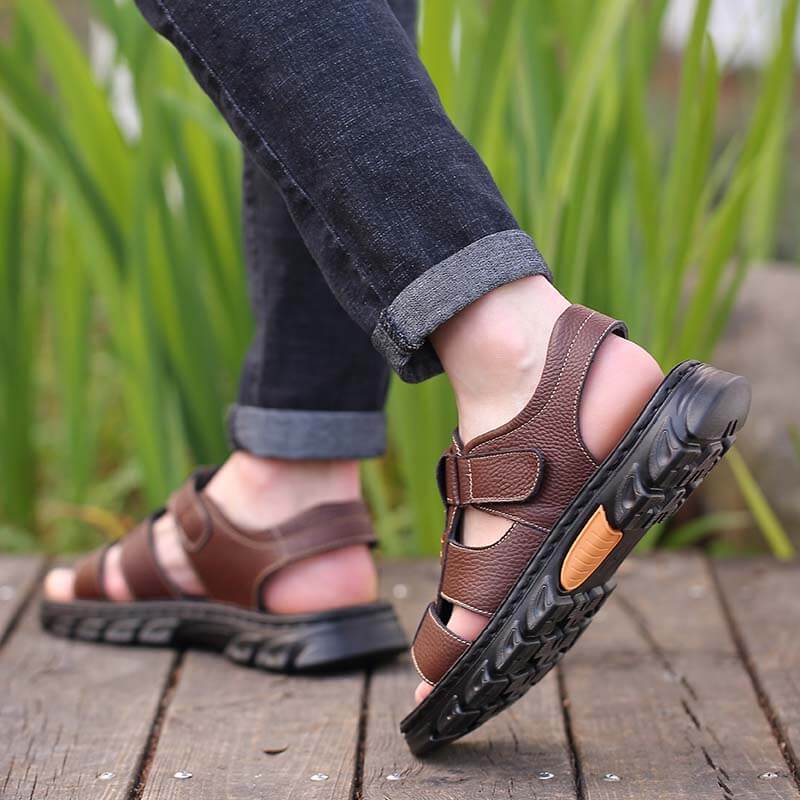 Herren Sandalen Strandschuhe Leder Hausschuhe Outdoor rutschfeste Schuhe mit dicken Sohlen