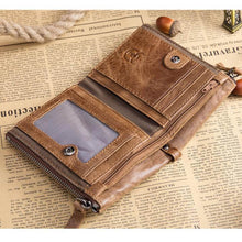 Cargar imagen en el visor de la galería, Hombres BullCaptain Retro Cuero Billetera Cierre de cuero Hebilla Billetera corta Tarjeta de billetera Billetera RFID QB06