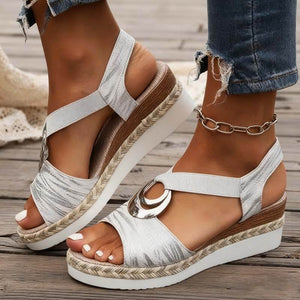Damen Metallschnalle Hanfseil Keilabsatz Strandsandalen Peep-Toe-Schuhe