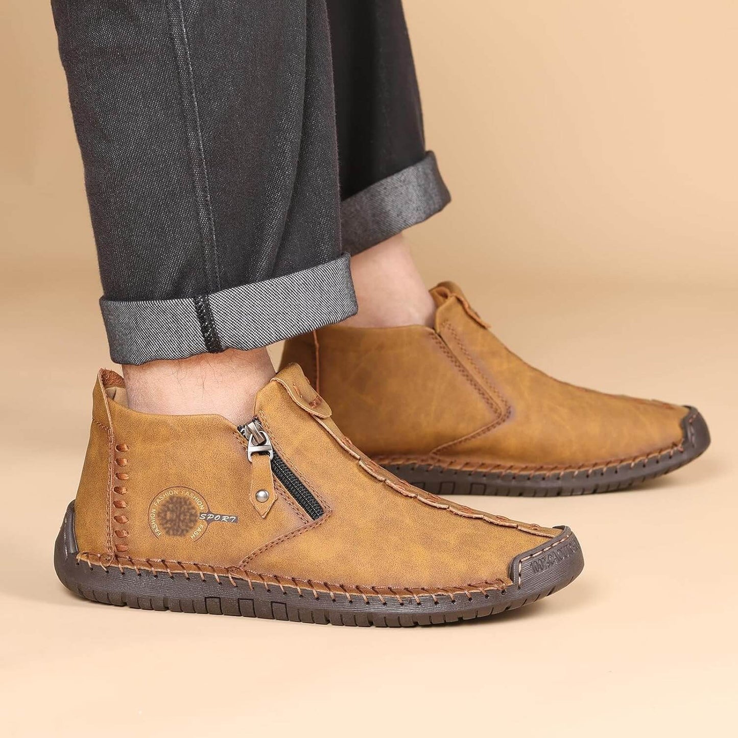Herren Hand Nähen Leder rutschfeste Seite Reißverschluss Freizeitstiefel