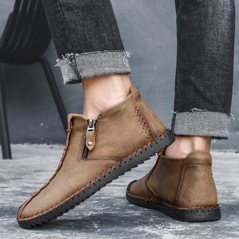 Herren Hand Nähen Leder rutschfeste Seite Reißverschluss Freizeitstiefel