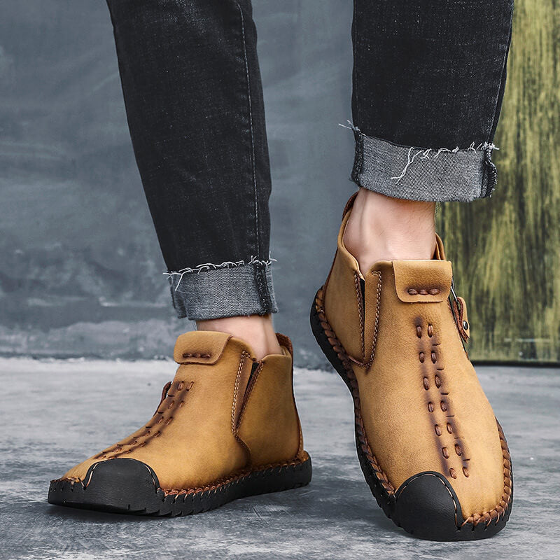 Herren Hand Nähen Leder rutschfeste Seite Reißverschluss Freizeitstiefel