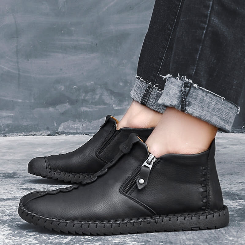 Herren Hand Nähen Leder rutschfeste Seite Reißverschluss Freizeitstiefel