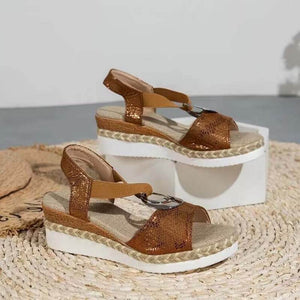 Damen Metallschnalle Hanfseil Keilabsatz Strandsandalen Peep-Toe-Schuhe