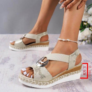 Damen Metallschnalle Hanfseil Keilabsatz Strandsandalen Peep-Toe-Schuhe