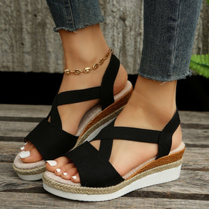 Damen Sommer Gummiband Keilabsatz Dicker Boden Sandalen Peep-Toe Schuhe