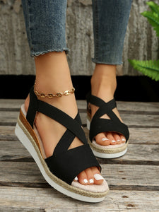 Damen Sommer Gummiband Keilabsatz Dicker Boden Sandalen Peep-Toe Schuhe
