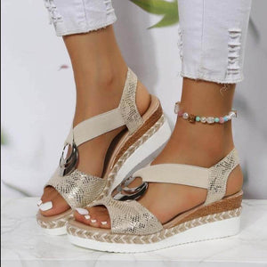 Damen Metallschnalle Hanfseil Keilabsatz Strandsandalen Peep-Toe-Schuhe