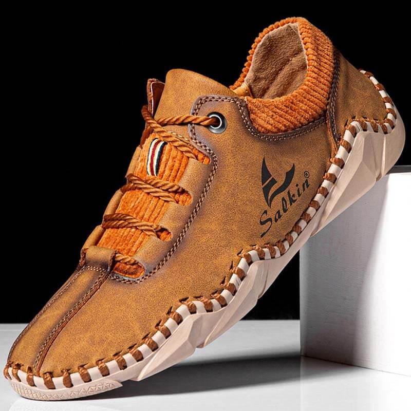 Zapatos de manejo de cuero casual sin cañón para hombres con costuras de mano