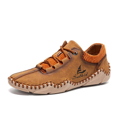 Zapatos de manejo de cuero casual sin cañón para hombres con costuras de mano