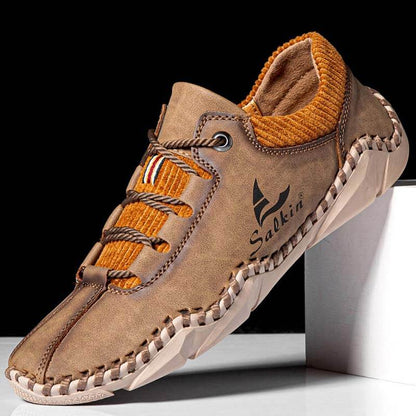 Zapatos de manejo de cuero casual sin cañón para hombres con costuras de mano