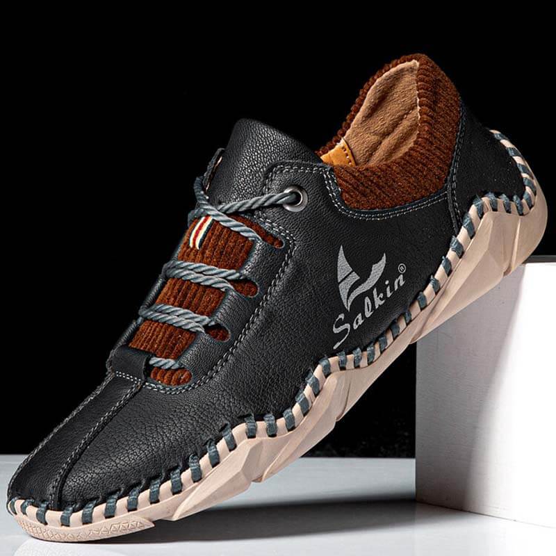 Zapatos de manejo de cuero casual sin cañón para hombres con costuras de mano