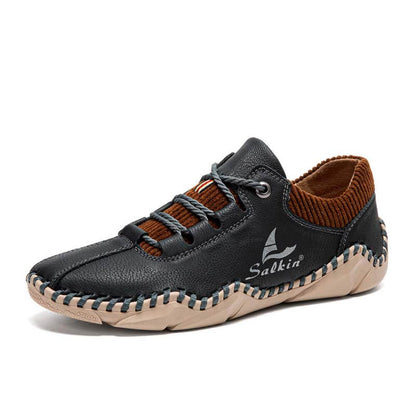 Zapatos de manejo de cuero casual sin cañón para hombres con costuras de mano