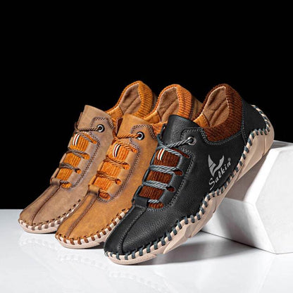 Zapatos de manejo de cuero casual sin cañón para hombres con costuras de mano