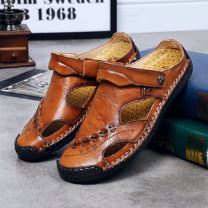 Men's big size men hand sewing closed toe comfortable soft leather sandals