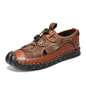 Men cowhide hand seams mesh breathable soft soil casual outdoor sandals