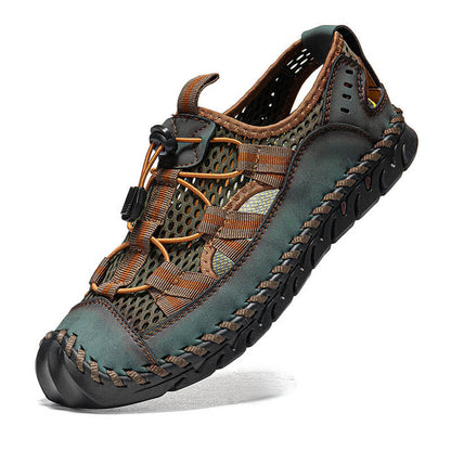 Männer Rindsleder Handnähte Mesh Atmungsaktiv Weicher Boden Lässige Outdoor-Sandalen