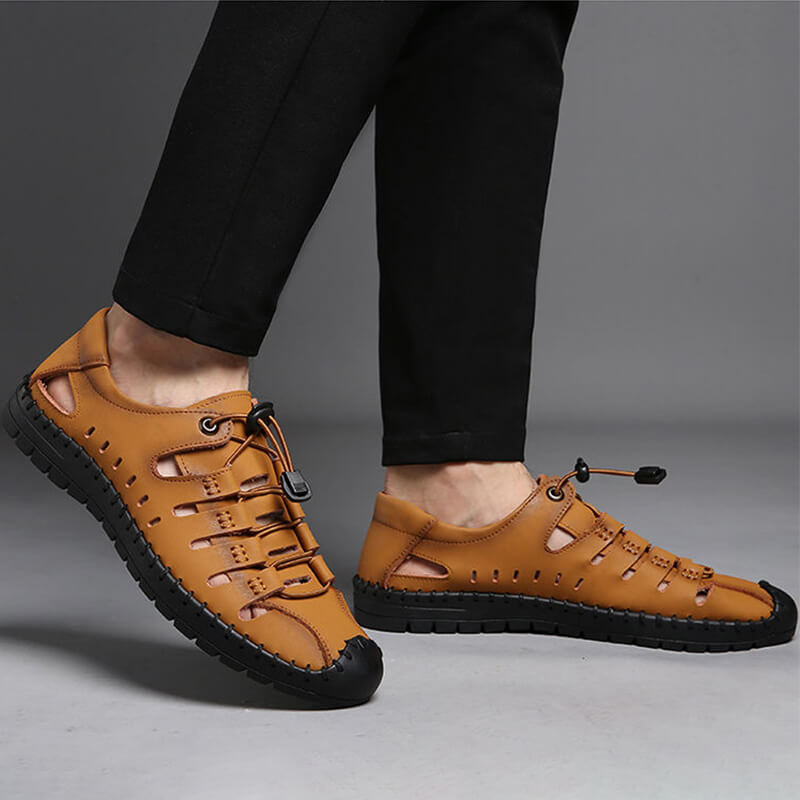 Herren Sandalen tragen weiche Sohle Leder Lochschuhe Rindsleder lässige Hohlsandalen