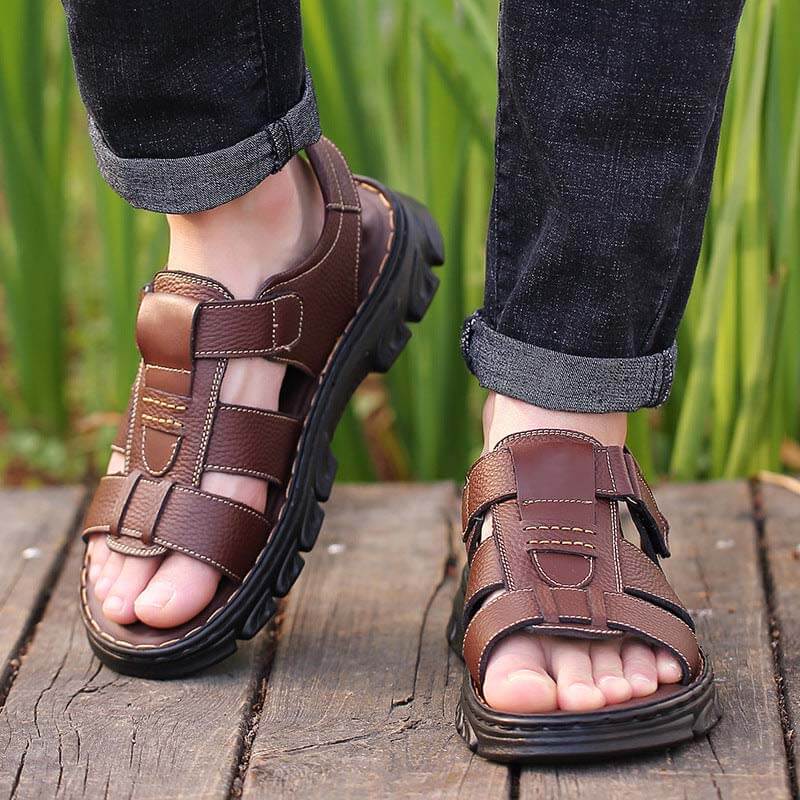 Herren Sandalen Strandschuhe Leder Hausschuhe Outdoor rutschfeste Schuhe mit dicken Sohlen