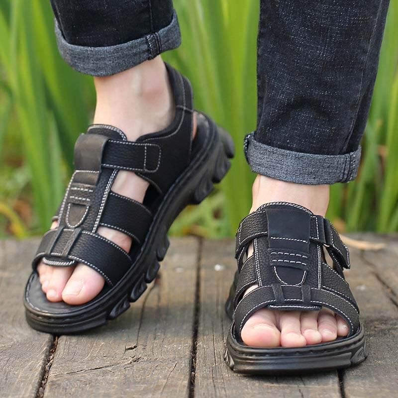 Herren Sandalen Strandschuhe Leder Hausschuhe Outdoor rutschfeste Schuhe mit dicken Sohlen