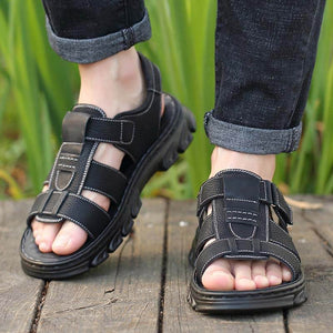 Herren Sandalen Strandschuhe Leder Hausschuhe Outdoor rutschfeste Schuhe mit dicken Sohlen