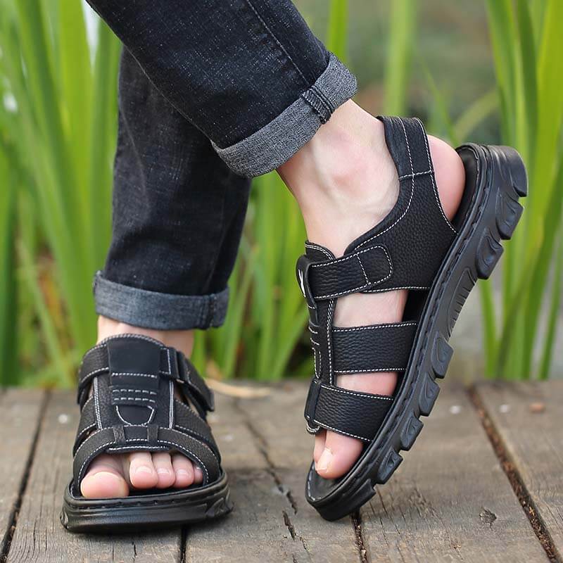 Herren Sandalen Strandschuhe Leder Hausschuhe Outdoor rutschfeste Schuhe mit dicken Sohlen