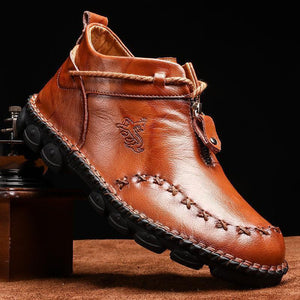 Hombres coser el tobogán de cuero -bota de ocio de suela grande resistente
