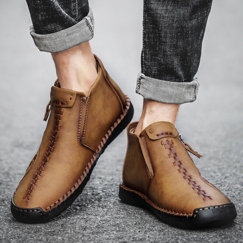 Men's vintage hand sew microfiber leather side zipper ankle boots