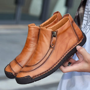 Men leather hand seams side zipper comfortable soft ankle boots