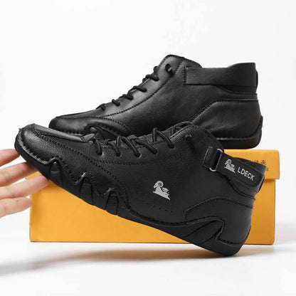 Herren Damen Warme Plüschschuhe Barfußschuhe Handgefertigte hohe Stiefel aus Wildleder mit Klettverschluss Beck-Schuhe aus wasserdichtem Leder, lässige Turnschuhe, rutschfest, atmungsaktiv (Unisex)