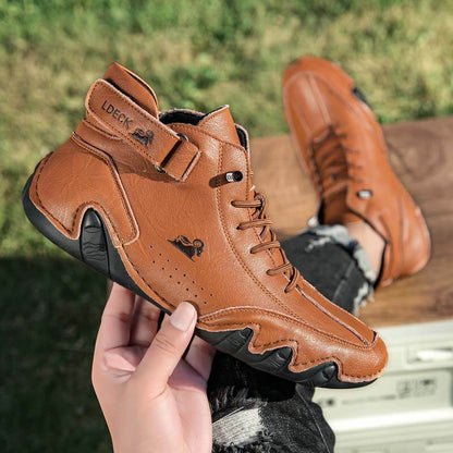 Herren Damen Warme Plüschschuhe Barfußschuhe Handgefertigte Hohe Stiefel Klettverschluss Beck-Schuhe Wasserdichtem Leder Lässige Turnschuhe Rutschfest Atmungsaktiv (Unisex)