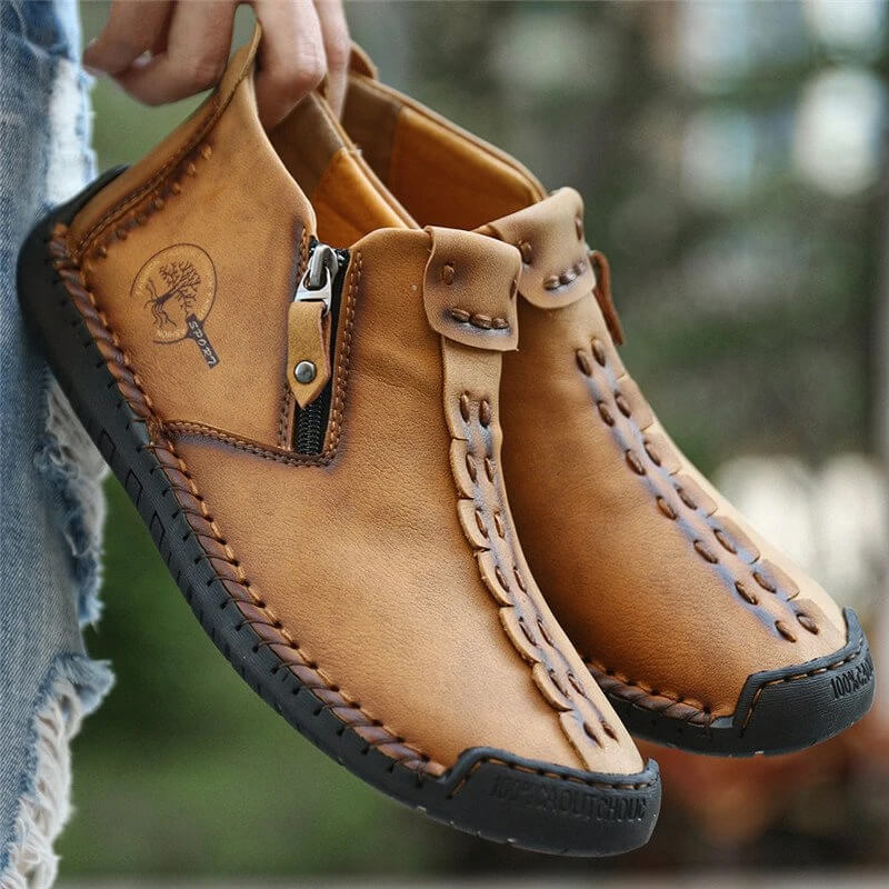 Herren Hand Nähen Leder rutschfeste Seite Reißverschluss Freizeitstiefel