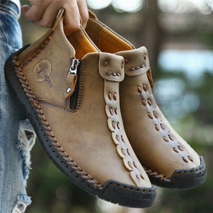 Men's hand sew leather slipproof side zipper leisure boot