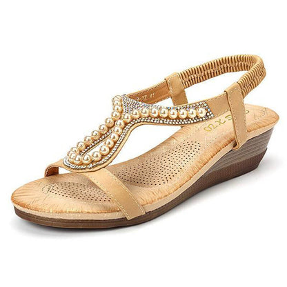 Frauen Perle Strass Elastic Wedges Sandalen
