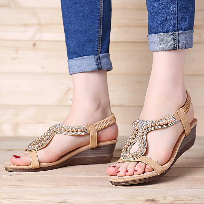Frauen Perle Strass Elastic Wedges Sandalen