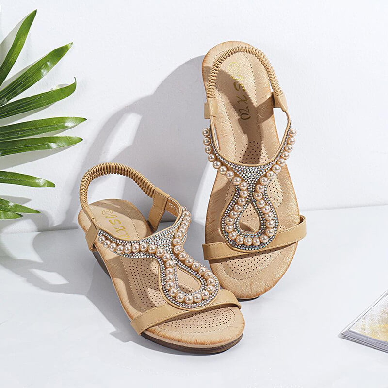 Frauen Perle Strass Elastic Wedges Sandalen