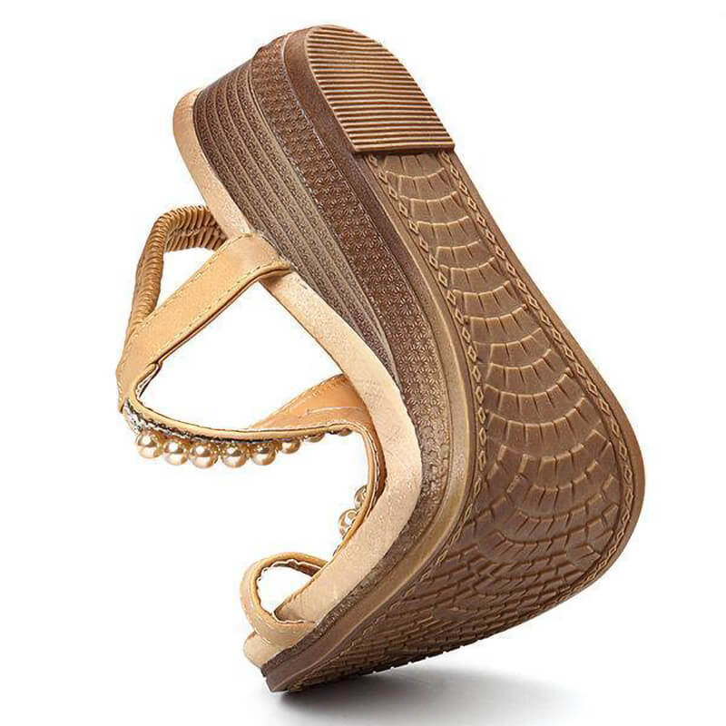 Frauen Perle Strass Elastic Wedges Sandalen