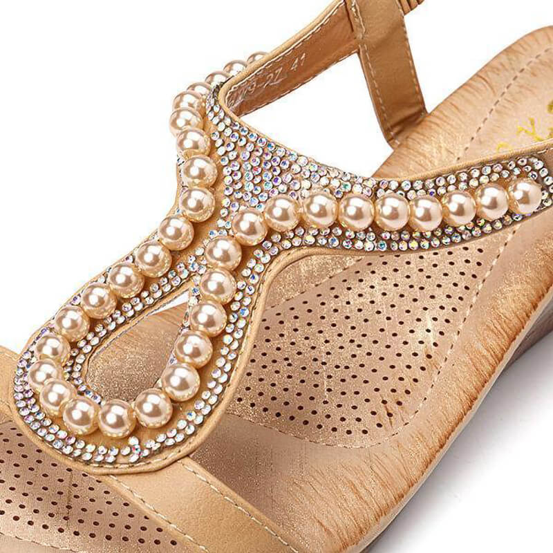 Frauen Perle Strass Elastic Wedges Sandalen