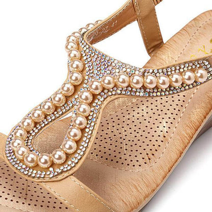 Frauen Perle Strass Elastic Wedges Sandalen