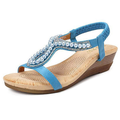 Frauen Perle Strass Elastic Wedges Sandalen