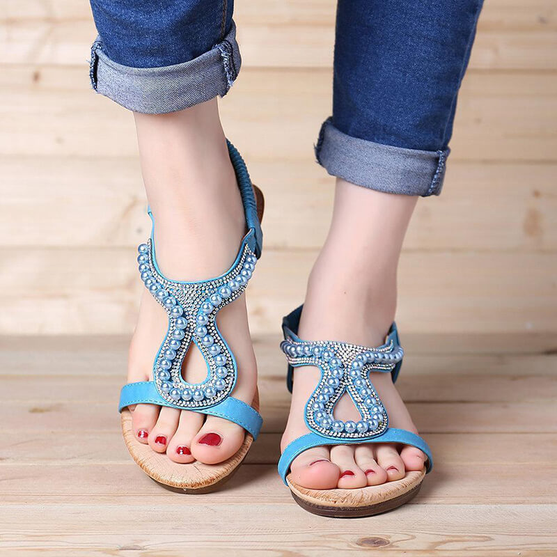 Frauen Perle Strass Elastic Wedges Sandalen