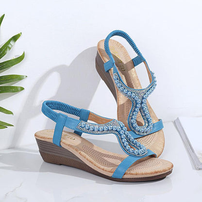 Frauen Perle Strass Elastic Wedges Sandalen