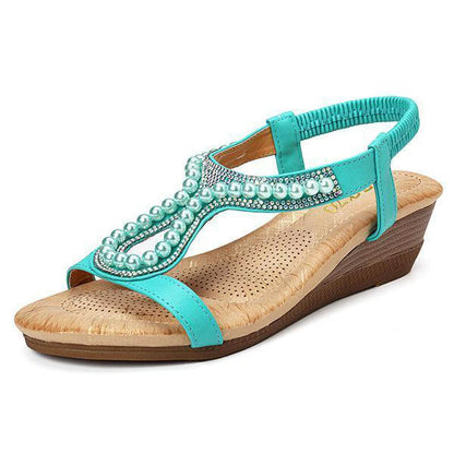 Frauen Perle Strass Elastic Wedges Sandalen