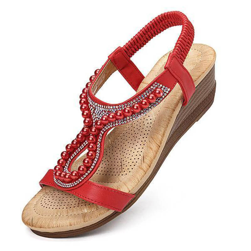 Frauen Perle Strass Elastic Wedges Sandalen