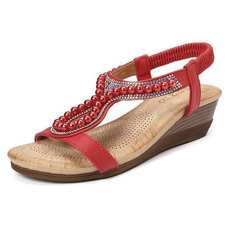 Frauen Perle Strass Elastic Wedges Sandalen