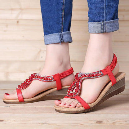 Frauen Perle Strass Elastic Wedges Sandalen