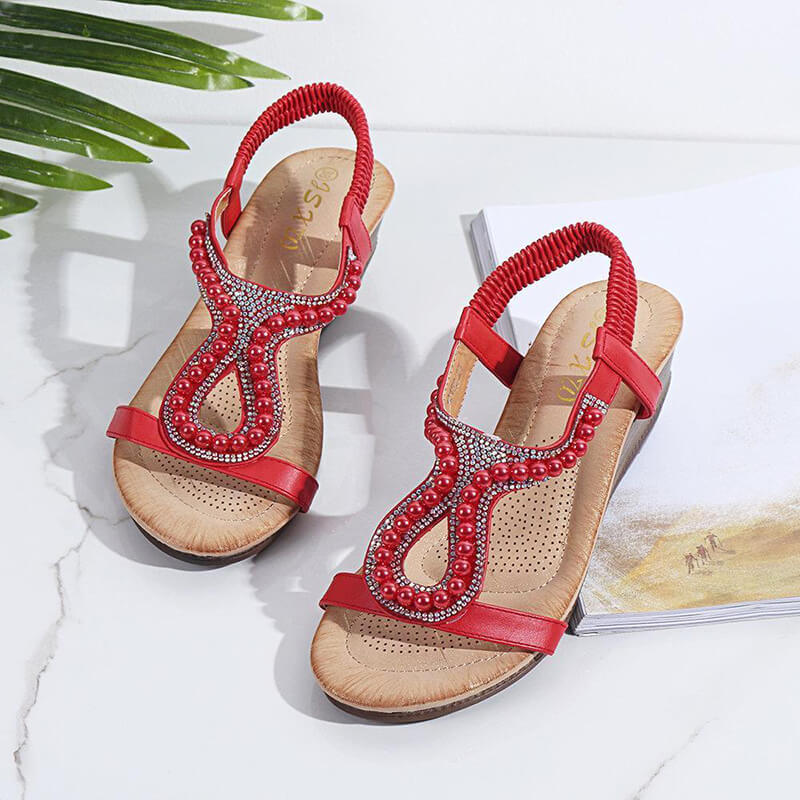 Frauen Perle Strass Elastic Wedges Sandalen