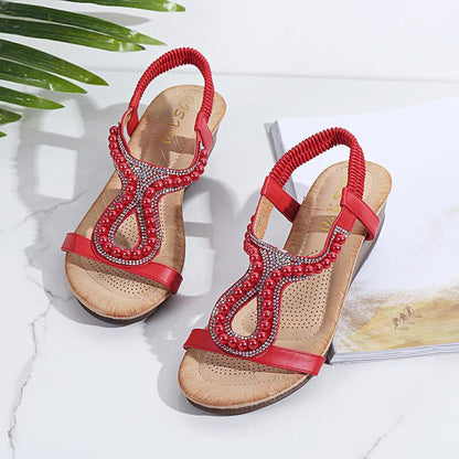 Frauen Perle Strass Elastic Wedges Sandalen
