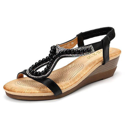 Frauen Perle Strass Elastic Wedges Sandalen